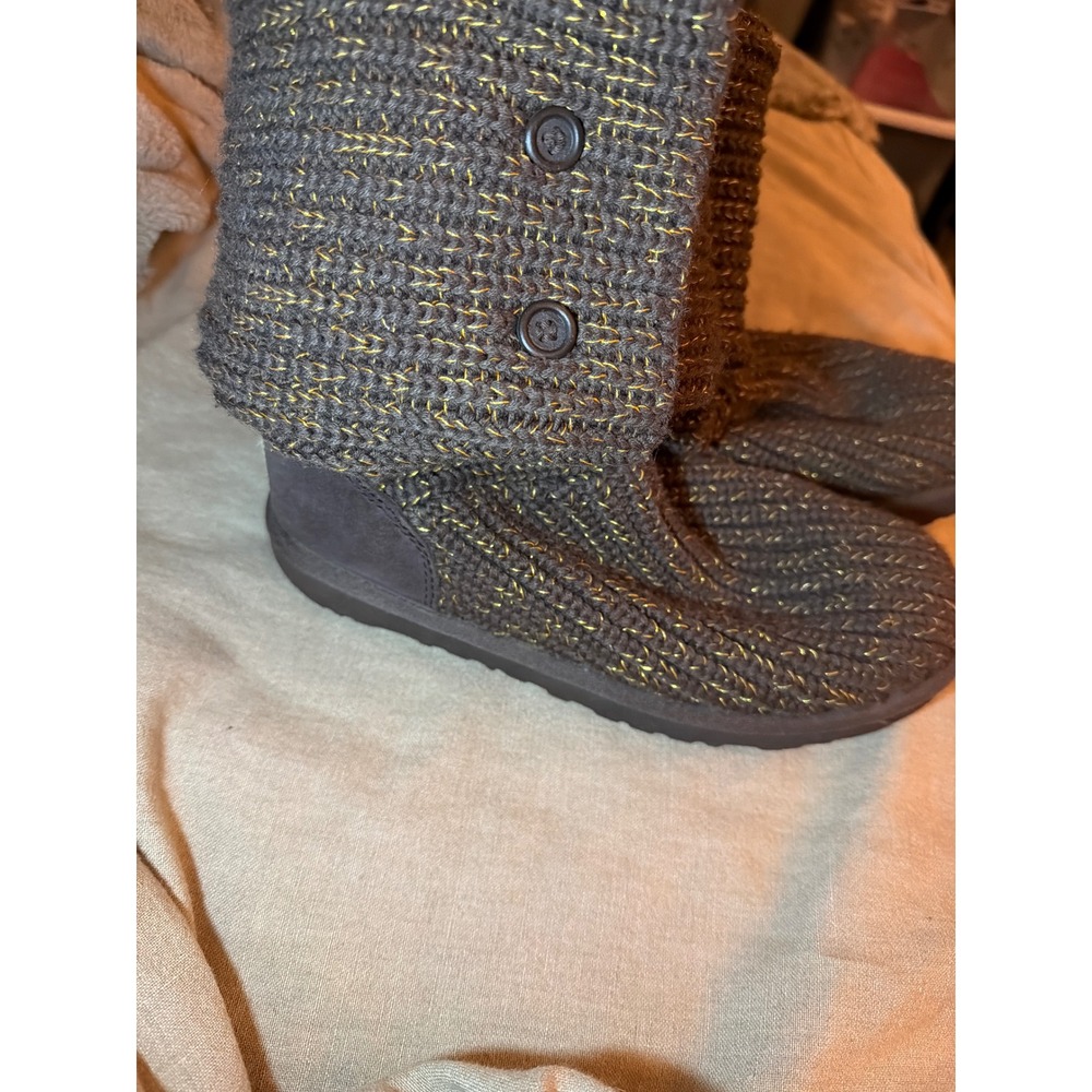 UGG Lattice Cardy Dark Grey Gold Metallic Knit Button Boots 1876 Womens 8
